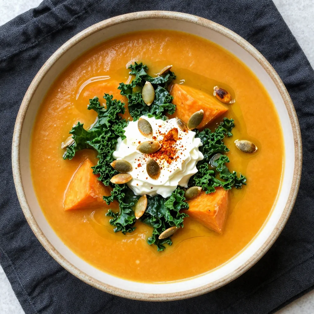 warm sweet potato and kale soup for nourishing family meals