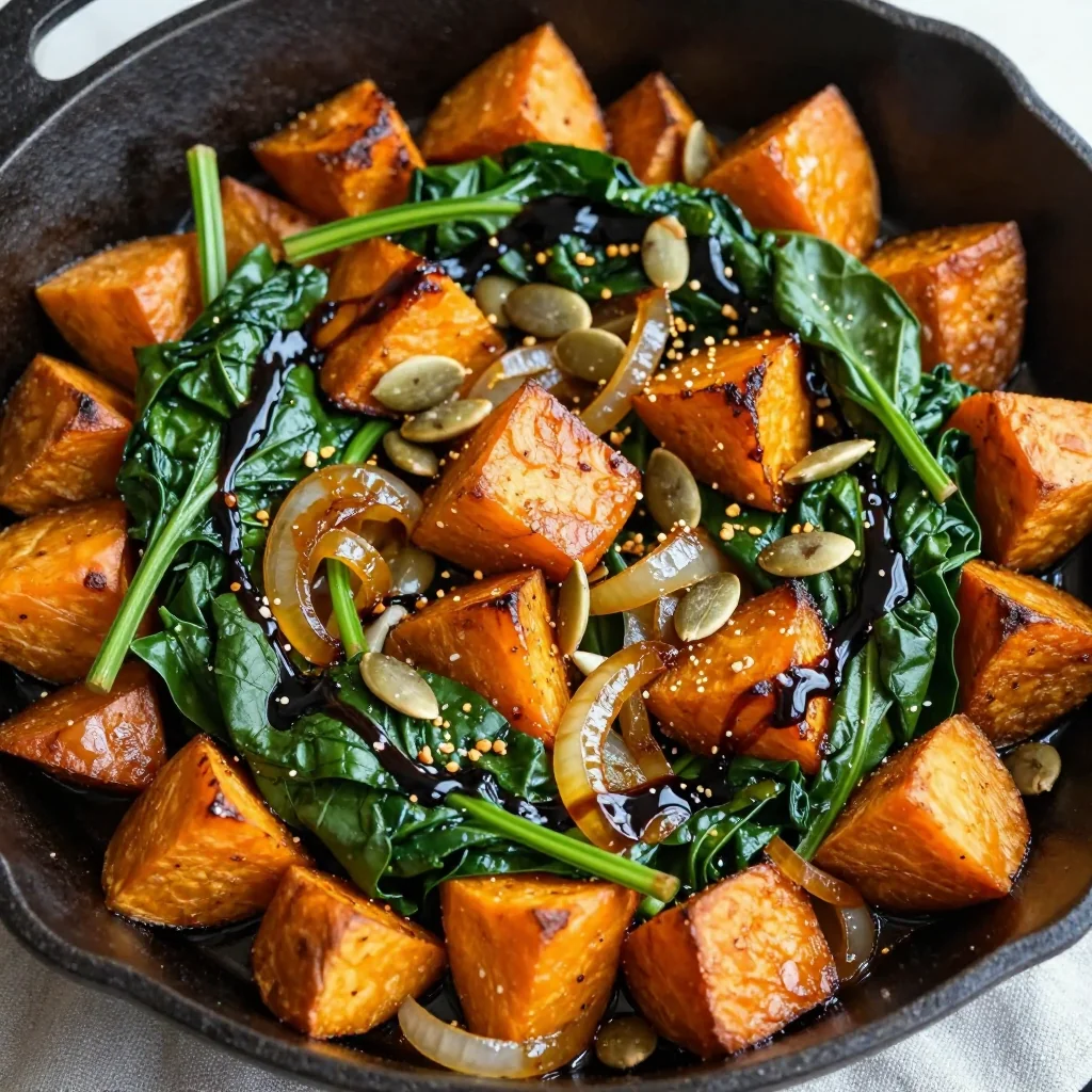 winter sweet potato hash with spinach and caramelized onions