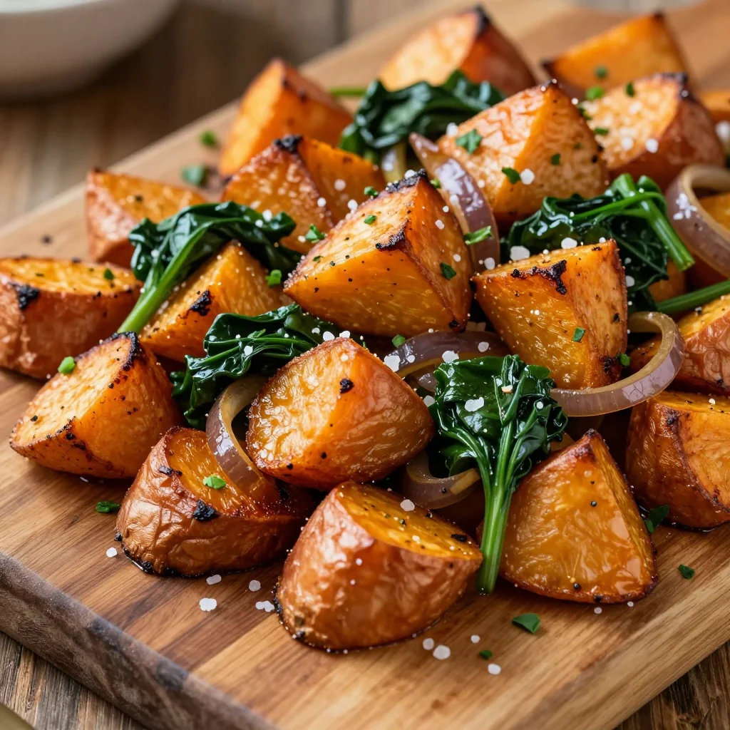 winter sweet potato hash with spinach and caramelized onions