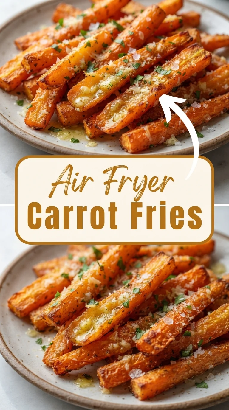Golden carrot sticks coated with olive oil, parmesan, garlic and paprika, crisped in an air fryer and garnished with fre