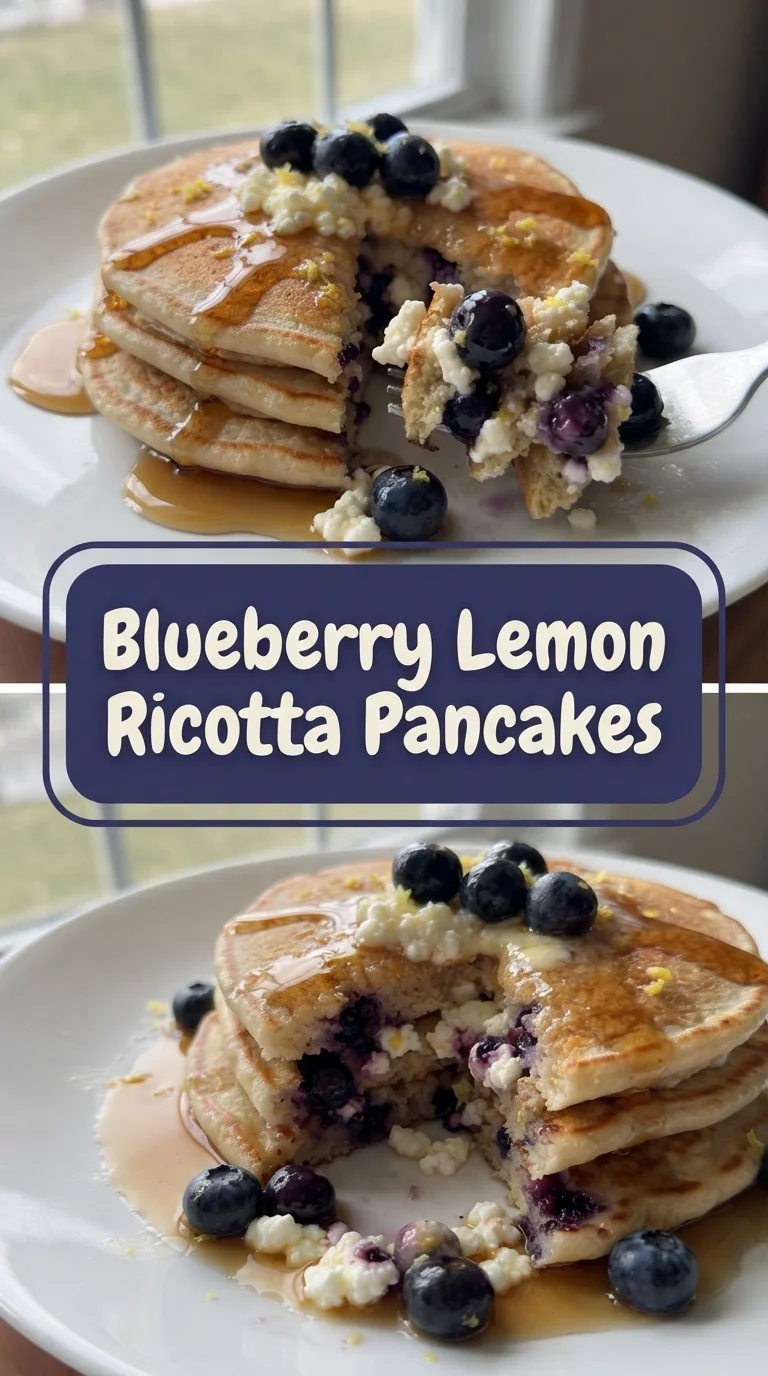Stack of golden ricotta pancakes topped with blueberries and a sprinkle of lemon zest.