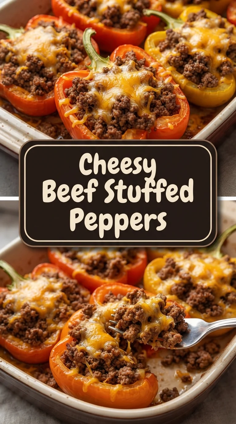 Bell peppers filled with beef, rice and melted cheddar, baked until tender.