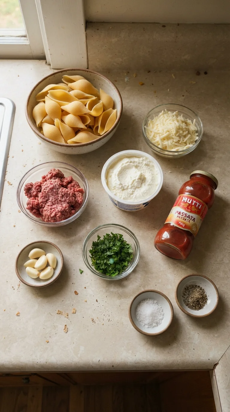 Ingredients for Cheesy Beef Stuffed Shells