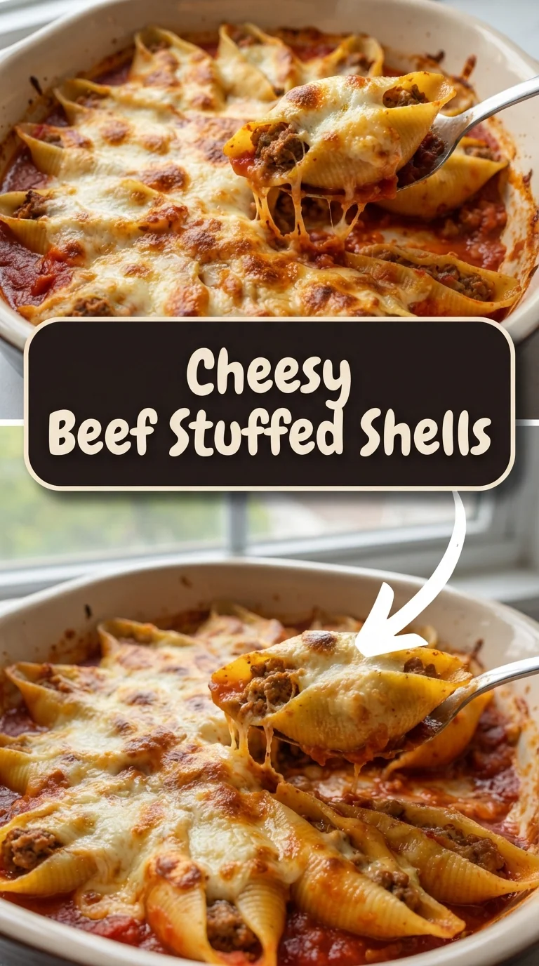 Jumbo pasta shells stuffed with beef, ricotta and mozzarella, baked in tomato sauce.