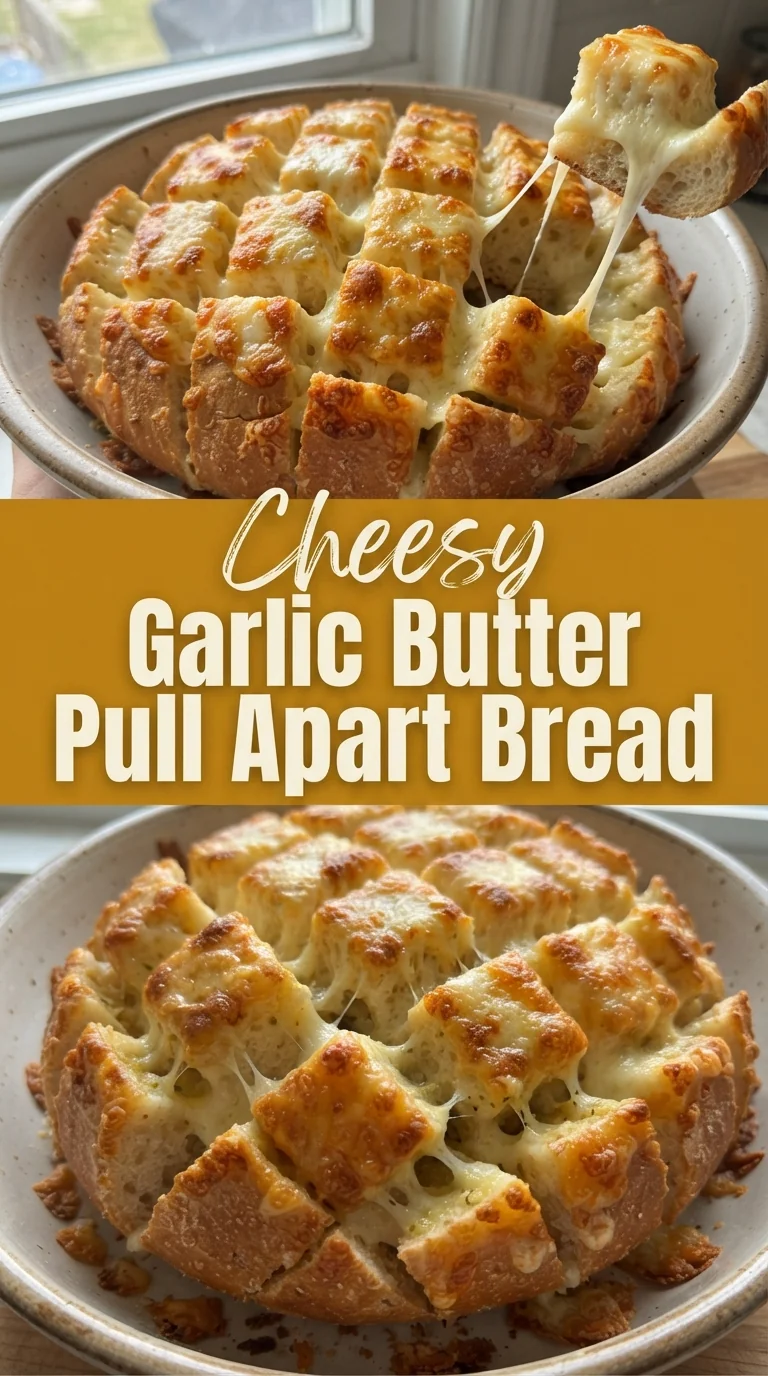 Warm sourdough loaf pulled apart, oozing mozzarella and parmesan with garlic butter and parsley.
