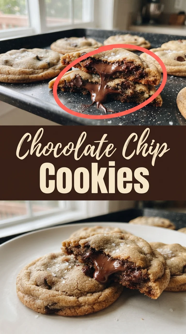 Freshly baked chocolate chip cookies on a cooling rack, golden edges and melted chocolate chips visible