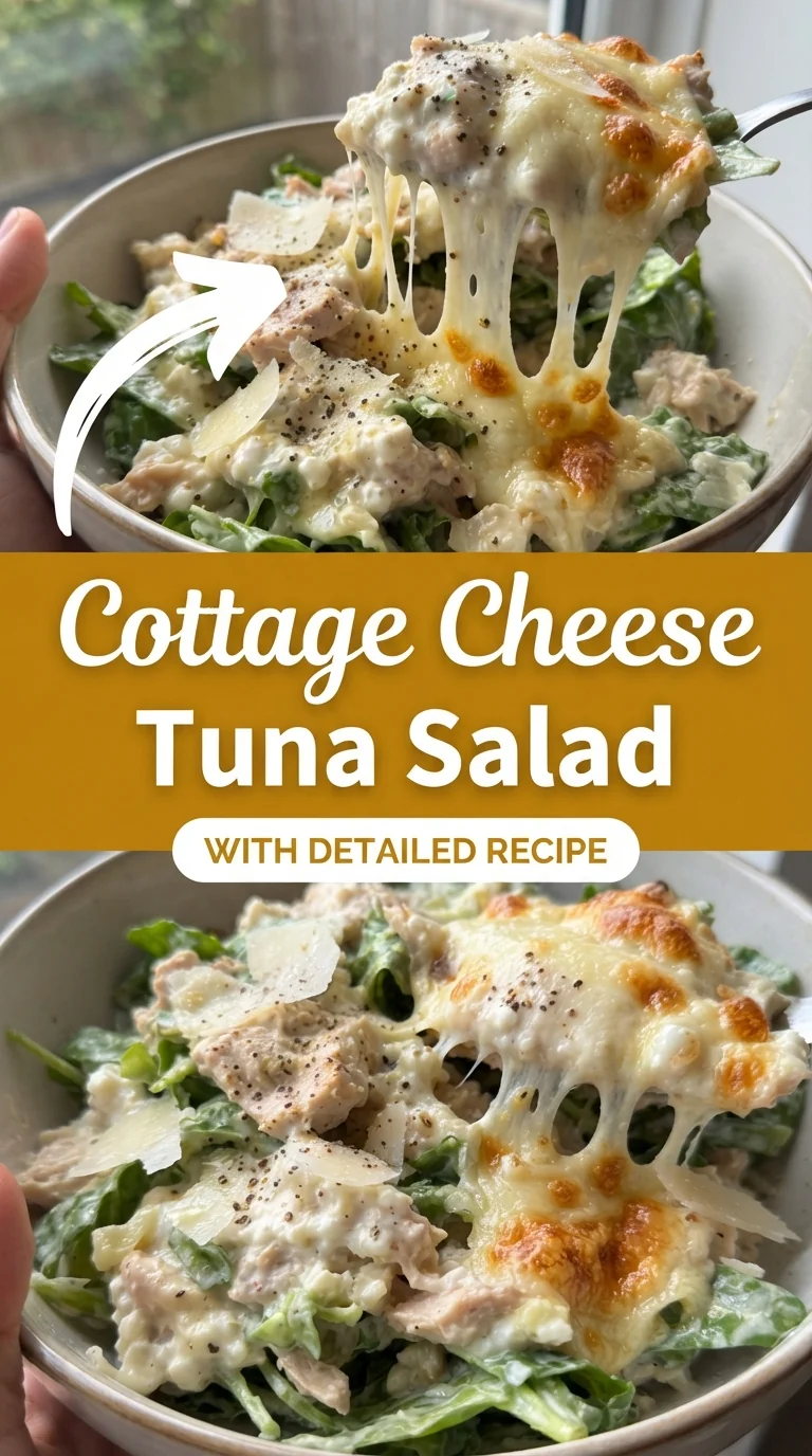 Bowl of mixed greens topped with tuna, cottage cheese, cherry tomatoes, cucumber slices, and grated cheese, drizzled wit
