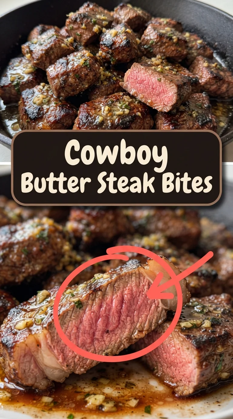 Pan‑seared sirloin cubes coated in melted garlic butter with fresh thyme and rosemary leaves scattered on top.