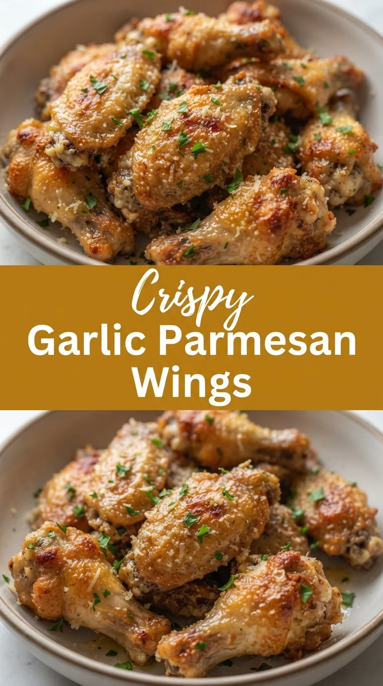 Golden chicken wings coated in garlic, butter, and Parmesan, crisped to a crunchy finish.