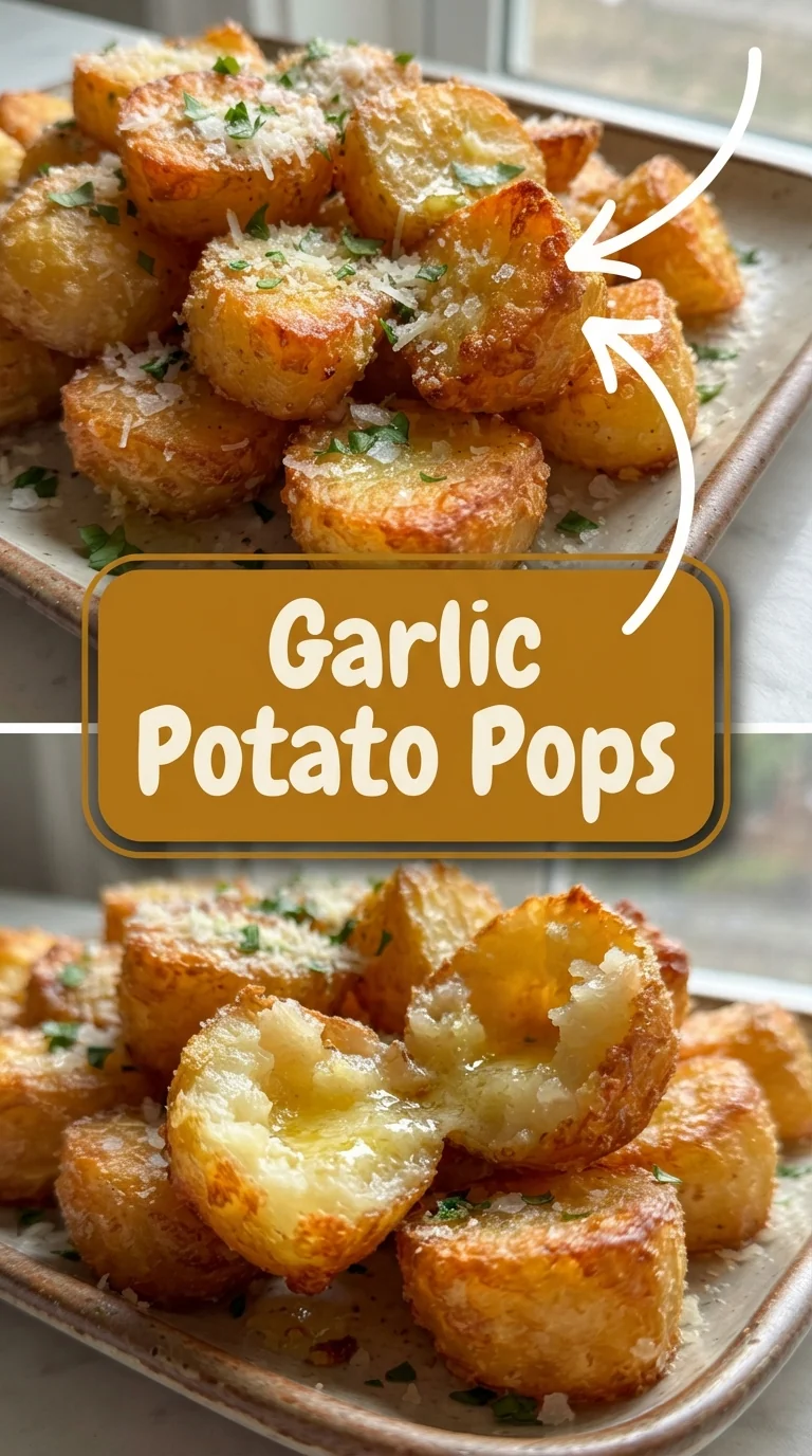 Golden garlic potato pops dusted with Parmesan and parsley on a wooden board