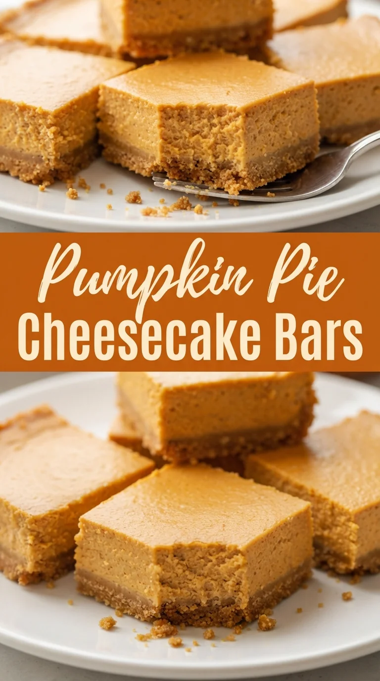 Baked pumpkin cheesecake bars with graham crust, dusted with cinnamon.