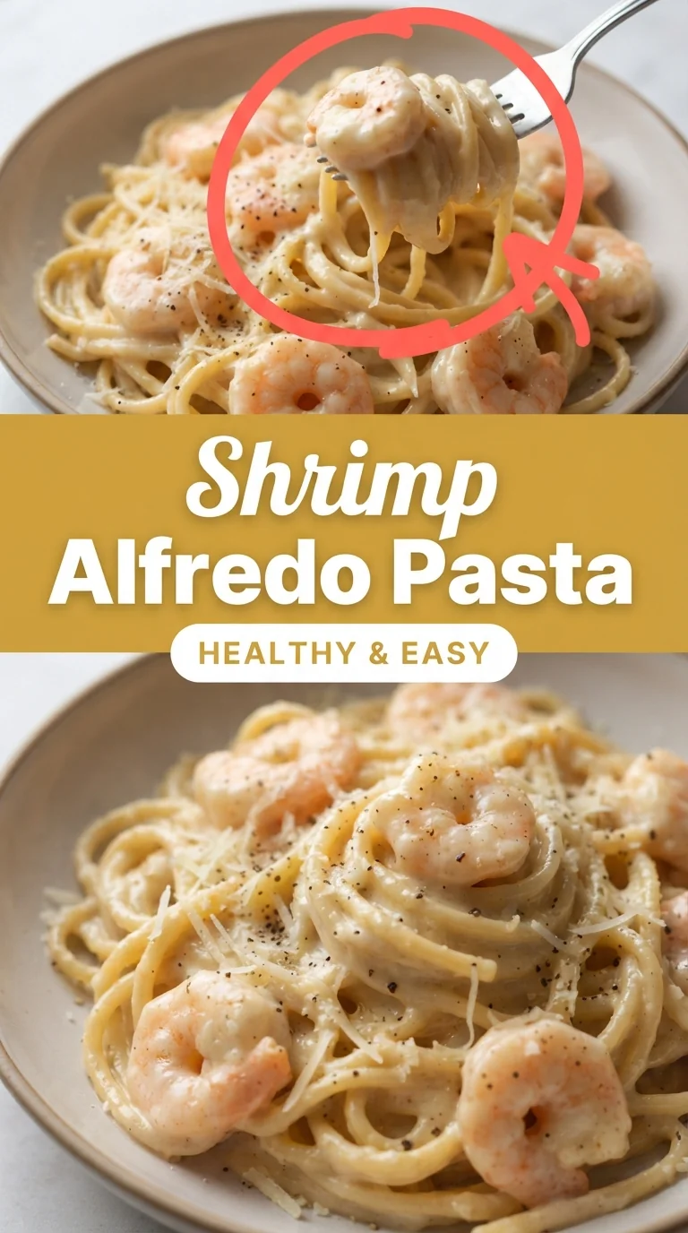Linguine tossed in creamy Alfredo sauce with pink shrimp, sprinkled with Parmesan and parsley on a white plate.