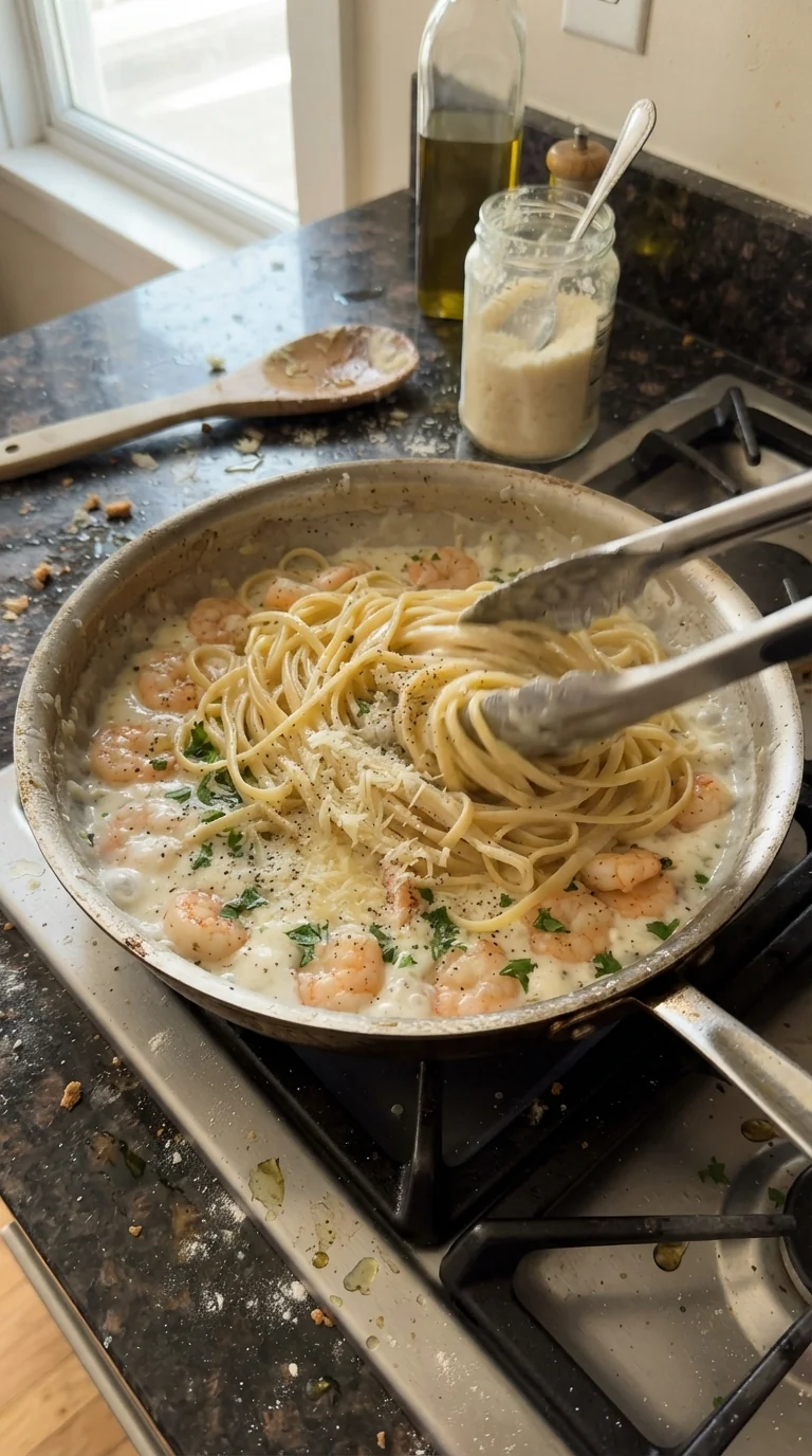 Step-by-step cooking of Creamy Shrimp Alfredo Pasta