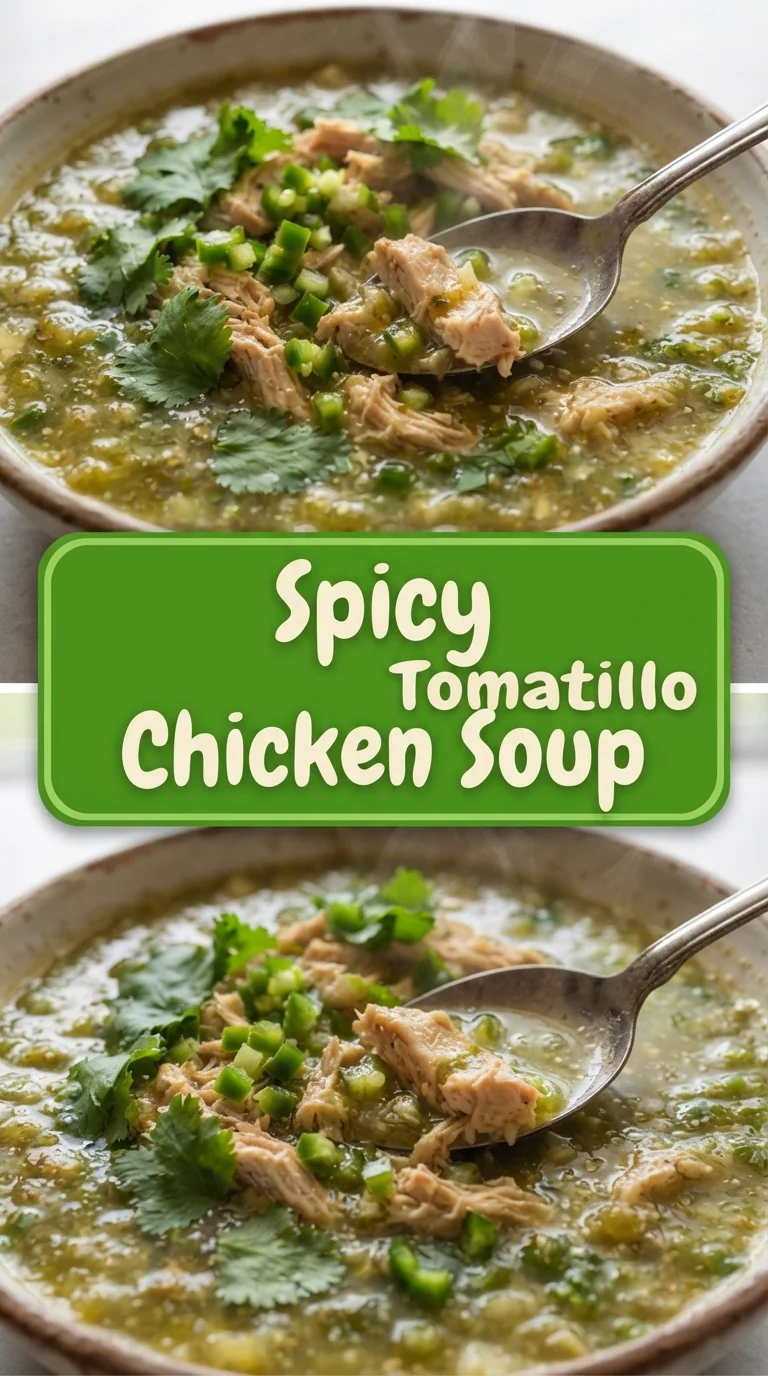 A bowl of vibrant green tomatillo chicken soup with sliced jalapeños and herbs.