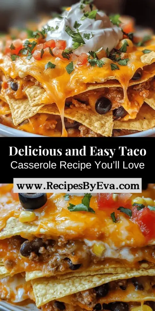 Discover the Best Taco Casserole recipe that combines the flavors of traditional tacos with the convenience of a cozy casserole. Packed with seasoned ground meat, black beans, corn, and layers of cheese, this dish is perfect for busy weeknights or gatherings. It's easily customizable to suit your dietary needs, making it a versatile family favorite. Serve with sour cream and salsa for an extra treat! #TacoCasserole #ComfortFood #EasyRecipes #DinnerIdeas #OnePanMeals