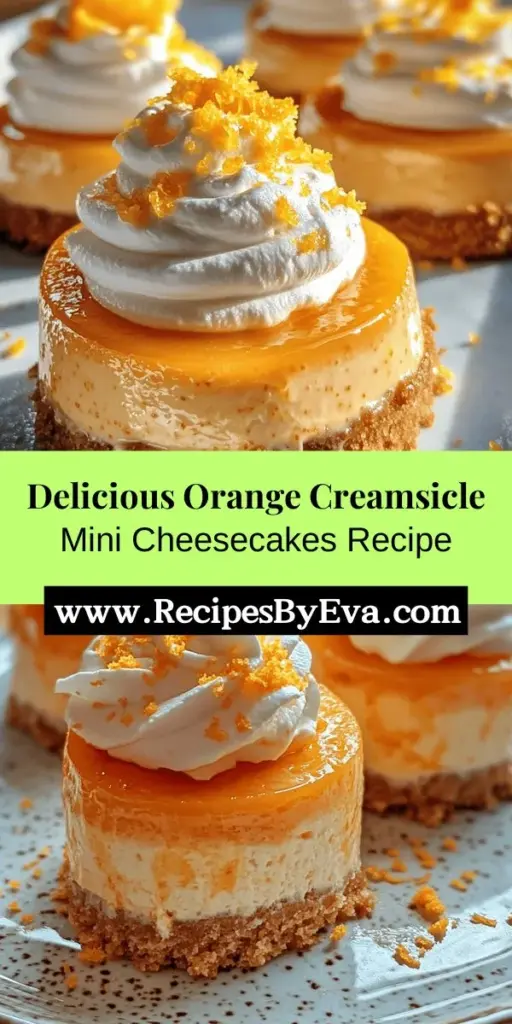 Indulge in a nostalgic treat with these Orange Creamsicle Mini Cheesecakes! Perfectly portioned for guilt-free enjoyment, these creamy delights combine the zesty flavor of fresh oranges with a rich, velvety cheesecake filling atop a crunchy graham cracker crust. Ideal for summer gatherings or cozy nights in, these mini desserts are sure to impress. Easy to make and utterly delicious, don’t forget to share! #MiniCheesecakes #DessertRecipe #OrangeCreamsicle #BakingJoy #SweetTreats #Foodie