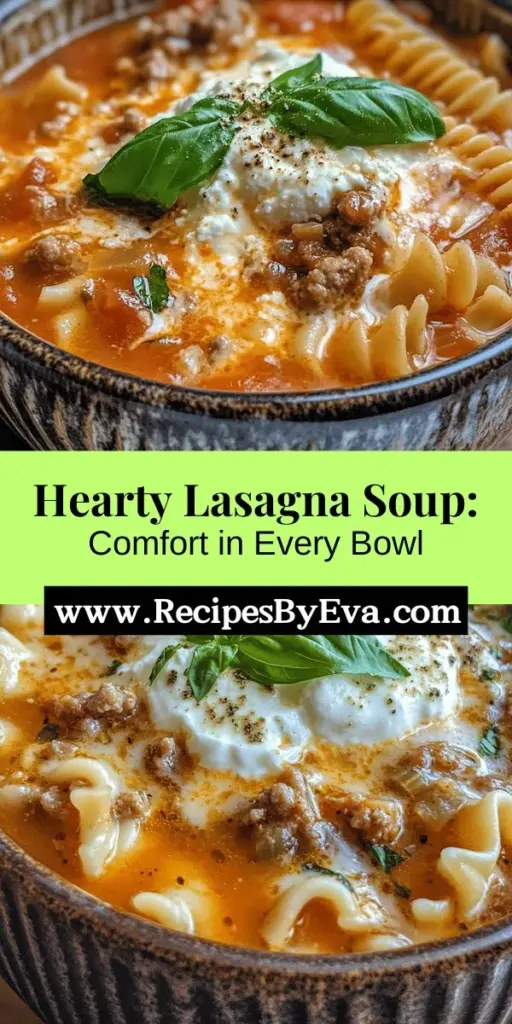Discover the deliciousness of Lasagna Soup Delight, a comforting twist on traditional lasagna! This easy, one-pot recipe combines all the classic flavors of Italy while allowing for personalization—perfect for any diet. Whip it up in about 30-40 minutes for a hearty meal that satisfies everyone at the table. Serve it with a dollop of creamy ricotta and fresh herbs for a show-stopping bowl of goodness. Enjoy family time with this warm, inviting dish! #LasagnaSoup #ComfortFood #QuickRecipes #ItalianCuisine #DinnerIdeas