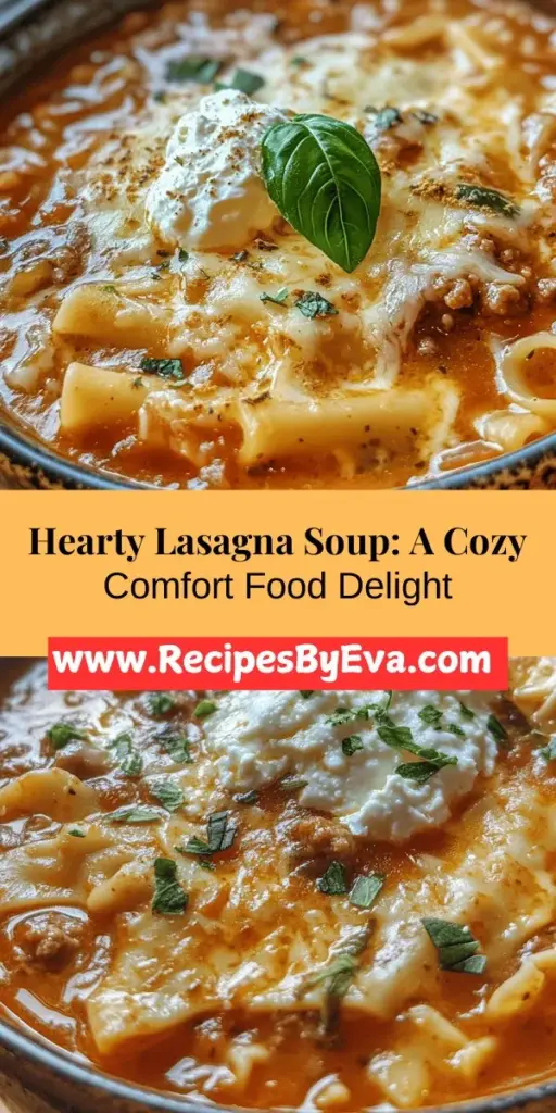 Craving comfort food? Try the BEST Lasagna Soup! This hearty dish combines all the classic flavors of lasagna in a warm, savory soup. It's easy to make and customizable to fit your dietary needs—choose from Italian sausage, ground beef, or a veggie option. Perfect for busy nights or cozy weekends. Top with cheese for extra indulgence! Discover the delicious simplicity of Lasagna Soup today. #LasagnaSoup #ComfortFood #SoupSeason #EasyRecipes #Yummy #Foodie