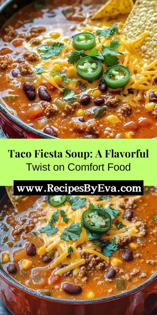 Discover the vibrant flavors of Taco Fiesta Soup, a perfect blend of spices, beans, and fresh vegetables that brings a fiesta to your bowl! This comforting dish is not only family-friendly but also versatile, making it suitable for various dietary preferences. Whether you use ground beef or turkey, this hearty soup is easy to prepare and great for gatherings or cozy nights in. Serve it with toppings like avocado and cheese for a delicious twist! #TacoFiestaSoup #ComfortFood #MealPrep #HealthyEating #FamilyDinner #CookingTogether