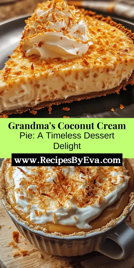 Discover the joy of baking with Grandma’s Irresistible Coconut Cream Pie recipe! This classic dessert features a luscious creamy filling nestled in a buttery graham cracker crust, topped with fluffy whipped cream. Perfect for family gatherings or a sweet treat at home, this pie evokes nostalgia and warmth with every bite. Learn the step-by-step instructions to create this deliciously rich pie and make it a treasured tradition in your own kitchen!