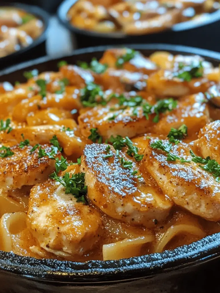 Chicken Stroganoff is a delightful variation of the classic beef stroganoff, which hails from Russia and has been embraced and adapted by countless cultures around the world. Traditionally, stroganoff consists of sautéed pieces of meat served in a sauce with sour cream, over a bed of noodles or rice. The dish's rich flavor and creamy texture make it a beloved comfort food, perfect for family dinners or cozy nights in. This dish not only warms the body but also brings a sense of nostalgia and comfort to the dining table, often reminding us of home-cooked meals shared with loved ones.