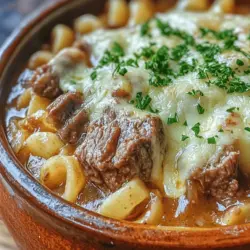 If there’s one dish that embodies the essence of comfort food, it’s Savory French Onion Beef & Noodles. This hearty meal is perfect for chilly evenings or cozy family gatherings, offering a warm embrace that warms both the body and soul. Imagine tender pieces of beef simmered to perfection in a rich broth, enhanced by the sweet, caramelized goodness of onions and the melt-in-your-mouth creaminess of cheese. It’s a dish that not only satisfies hunger but also brings a sense of nostalgia and comfort, reminiscent of classic French onion soup but with a delightful twist.