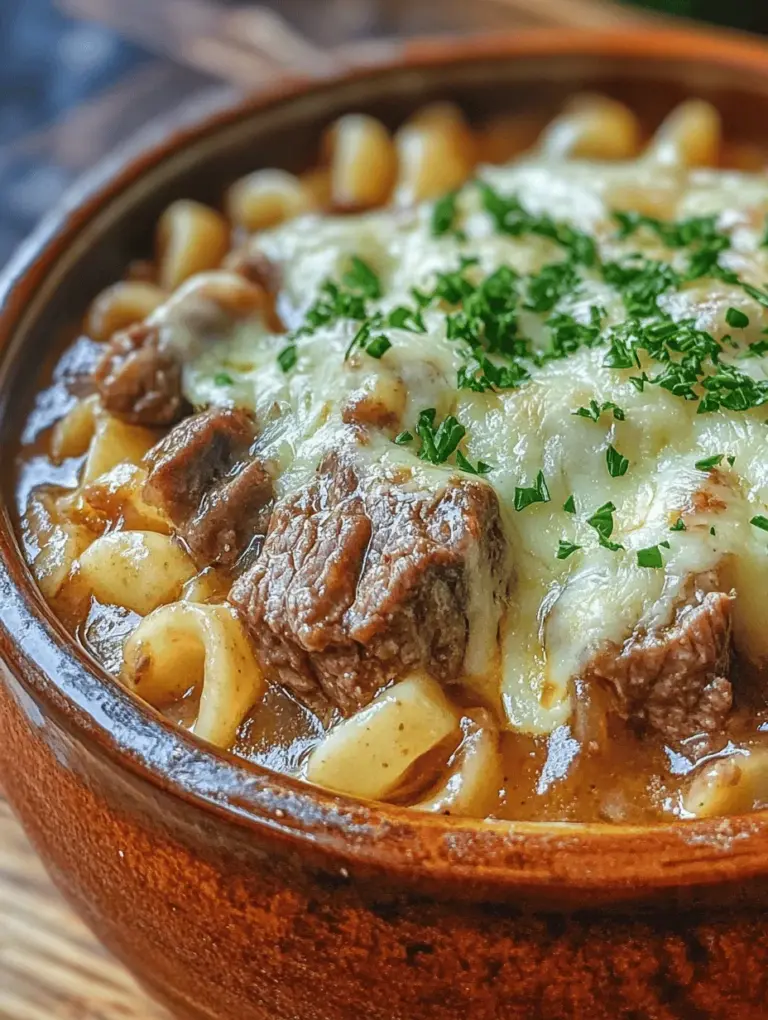 If there’s one dish that embodies the essence of comfort food, it’s Savory French Onion Beef & Noodles. This hearty meal is perfect for chilly evenings or cozy family gatherings, offering a warm embrace that warms both the body and soul. Imagine tender pieces of beef simmered to perfection in a rich broth, enhanced by the sweet, caramelized goodness of onions and the melt-in-your-mouth creaminess of cheese. It’s a dish that not only satisfies hunger but also brings a sense of nostalgia and comfort, reminiscent of classic French onion soup but with a delightful twist.