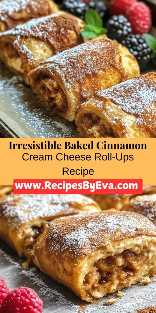 Indulge in the delightful flavors of Baked Cinnamon Cream Cheese Roll-Ups, a simple dessert that's perfect for any occasion! This easy recipe combines creamy cheese and aromatic cinnamon, all wrapped in soft tortillas for a crispy, golden finish. Ideal for gatherings or cozy nights in, these roll-ups are quick to prepare and customizable with optional flavors. Dive into this scrumptious treat and impress your family and friends with a crowd-pleasing delight!