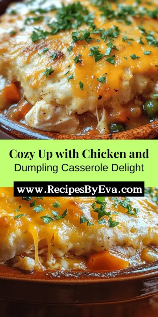 Indulge in the heartwarming goodness of Comforting Chicken and Dumpling Casserole! This easy-to-make dish features tender shredded chicken, vibrant mixed vegetables, and fluffy dumplings in a creamy sauce—perfect for cozy family dinners. With simple ingredients and straightforward steps, it’s a stress-free meal that brings everyone together. Enjoy this delightful casserole topped with melted cheese for that extra comfort! #ComfortFood #ChickenDumplings #Casserole #HomeCooking #EasyRecipes