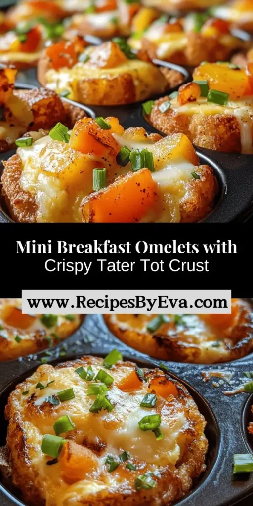 Start your day with Mini Breakfast Omelets featuring a crispy tater tot crust! This fun and flavorful breakfast option combines the indulgent texture of tater tots with fluffy eggs, customizable fillings, and a variety of vegetables, cheeses, and proteins. Perfect for busy mornings or brunch gatherings, these mini omelets are easy to make, allow for creativity in the kitchen, and are sure to delight everyone at the table. Enjoy a nutritious meal that packs a punch of flavor and childhood nostalgia.