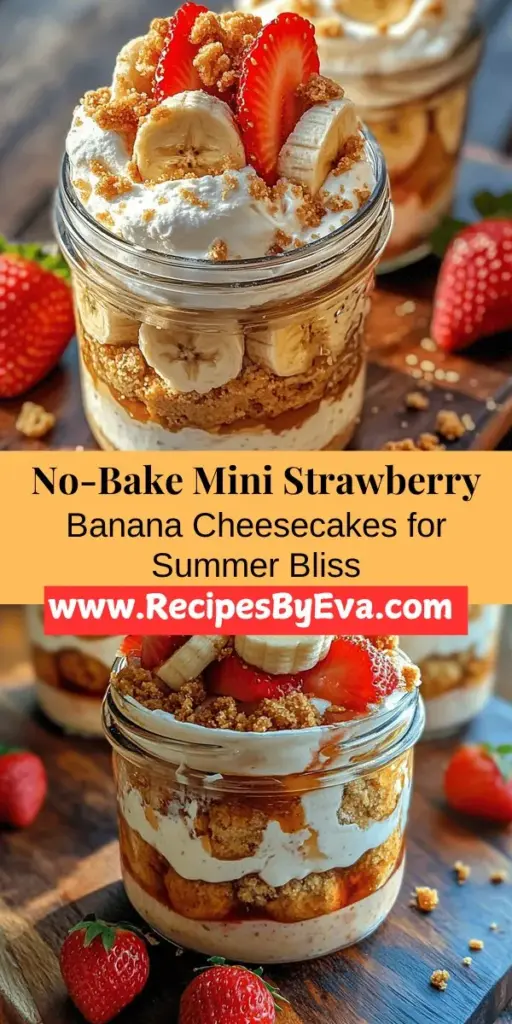 Beat the heat this summer with No-Bake Mini Strawberry Banana Pudding Crunch Cheesecakes! These delicious treats combine creamy cheesecake, fresh strawberries, and bananas layered over a crunchy graham cracker crust. Easy to make with no oven required, they are perfect for gatherings or a sweet snack. Enjoy the refreshing flavors of summer with this delightful dessert that’s sure to impress your friends and family. Ideal for any occasion, it's a fun and simple way to celebrate!