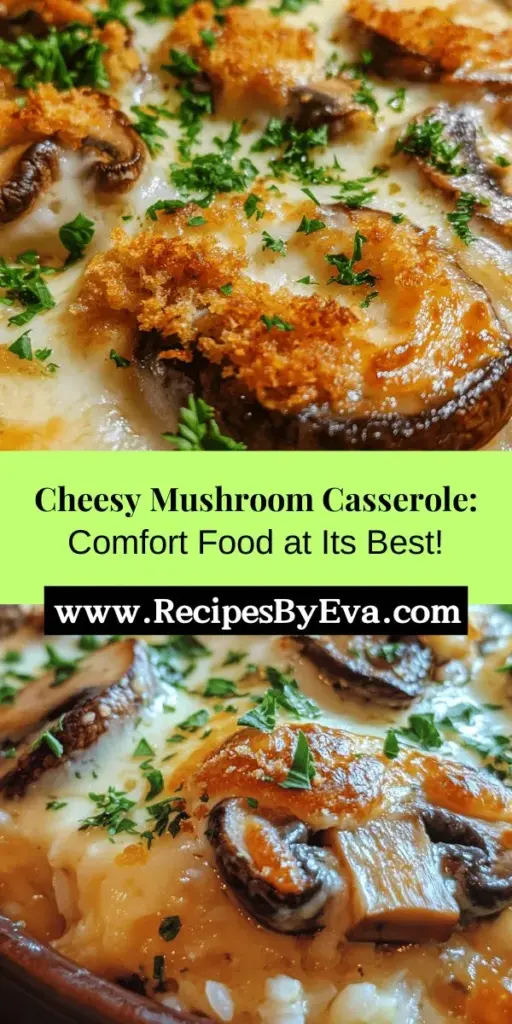 Discover the ultimate comfort food with this Baked Cheesy Mushroom Casserole! Perfectly blending earthy mushrooms, creamy goodness, and irresistible cheese, this dish is a family favorite for any occasion. Easily adaptable for vegetarians or gluten-free diets, it serves well as a main course or side. Dive into the deliciousness with layers of flavor and texture that promise to satisfy. Try it for your next cozy gathering! #MushroomCasserole #ComfortFood #CheesyDelight #HomeCooking #CasseroleRecipes