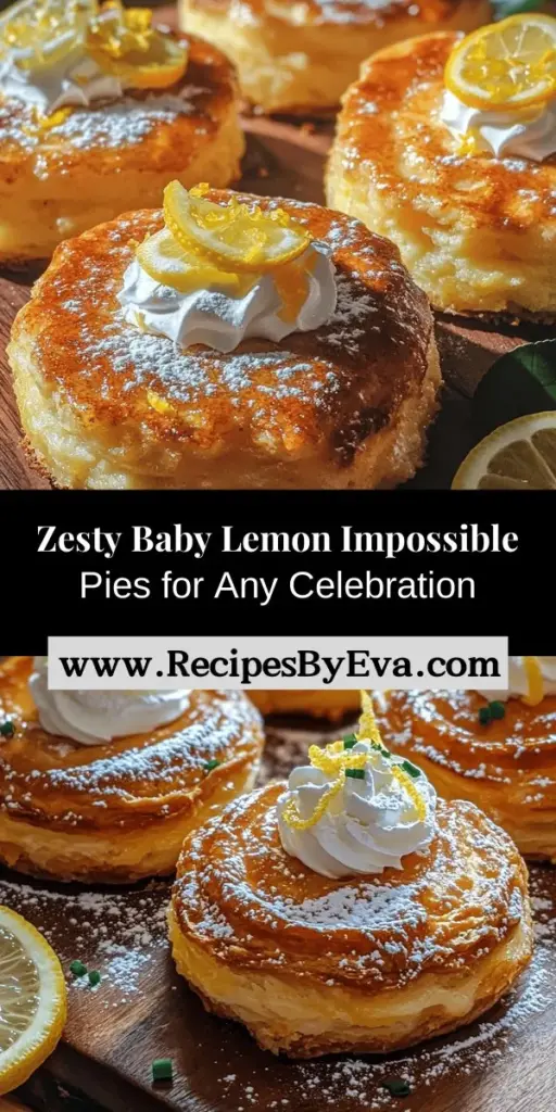 Discover the joy of baking with these Baby Lemon Impossible Pies, a refreshing and zesty dessert perfect for any occasion. With a delightful custard-like filling and a light, airy texture, these mini treats are sure to impress your guests. Easy to prepare and packed with fresh lemon flavor, they make a charming addition to summer barbecues, brunches, or family gatherings. Enjoy the burst of flavor and the satisfaction of homemade baking!