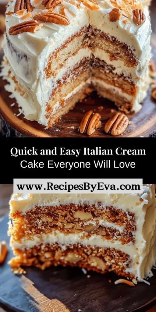 Indulge in the rich, moist goodness of Quick Italian Cream Cake, a beloved dessert perfect for any occasion. With its origins in the southern U.S., this cake features delicious layers infused with coconut and pecans, topped with creamy frosting. This simplified recipe allows you to create this classic treat without the fuss, making it ideal for busy bakers. Bring warmth and nostalgia to your gatherings with a cake that's sure to impress family and friends alike!