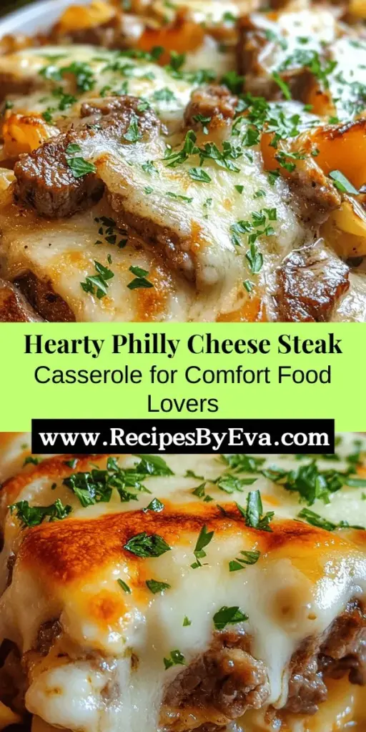 Indulge in the ultimate comfort food with this Philly Cheese Steak Casserole! Combining tender beef, sautéed onions, bell peppers, and creamy cheeses in a hearty pasta layer, this dish is perfect for family dinners and gatherings. Easy to make ahead and serve, it brings all the nostalgic flavors of the classic sandwich into one delicious meal. Give your taste buds a treat with this crowd-pleaser! #PhillyCheeseSteak #Casserole #ComfortFood #RecipeIdeas #EasyDinners #FamilyFavorites