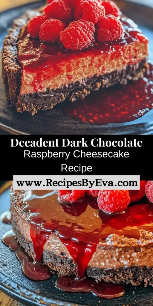 Treat yourself to a slice of elegance with Dark Chocolate Raspberry Cheesecake, the perfect dessert for any occasion. This recipe features a crunchy chocolate graham cracker crust, a creamy cheesecake filling enriched with dark chocolate, and a vibrant raspberry sauce that adds a refreshing contrast. Ideal for celebrations or a sweet indulgence, this cheesecake is sure to impress with its rich flavors and stunning presentation. Discover how to make this decadent delight today!