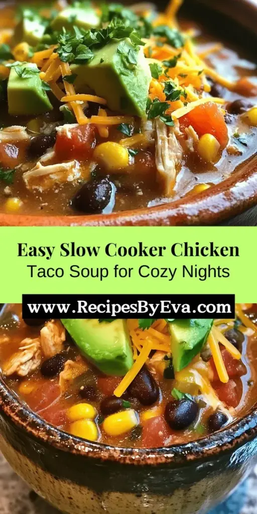 Warm up with this comforting Savory Slow Cooker Chicken Taco Soup, perfect for any occasion! This easy recipe features tender chicken, black beans, sweet corn, and zesty taco seasoning, all simmered to perfection in your slow cooker. Customize with your favorite toppings like avocado, cheese, and jalapeños for a personalized twist. Ideal for bustling weeknights or cozy weekends, this soup brings flavor and togetherness to your table. #TacoSoup #SlowCookerRecipes #ComfortFood #EasyDinner #MealPrep #FamilyFavorites