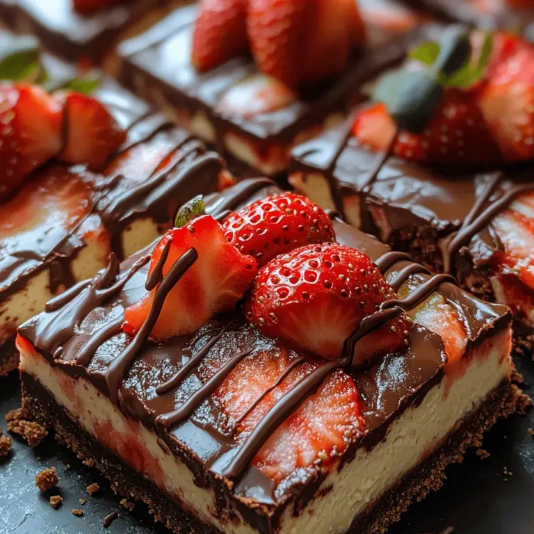 Chocolate-covered strawberries are a classic indulgence that evoke feelings of romance and celebration, often gracing dessert tables during special occasions. Combine that with the creamy, rich texture of cheesecake, and you have a match made in dessert heaven. The Decadent Chocolate Covered Strawberry Cheesecake Bars take the best of both worlds, transforming these beloved flavors into a delightful, easy-to-serve treat. These bars not only feature the luxurious combination of chocolate, strawberries, and cheesecake but also present an appealing aesthetic that makes them perfect for impressing guests at parties, during holidays, or even at casual family gatherings.