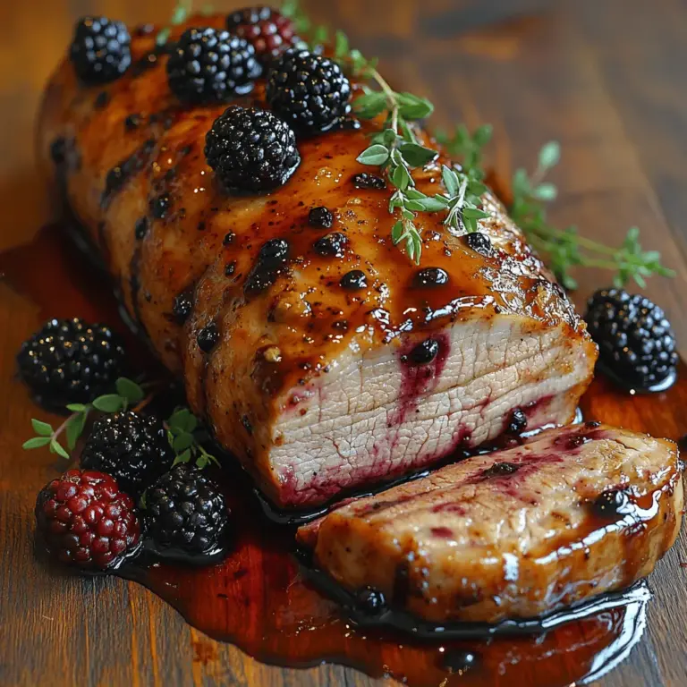 The appeal of Blackberry Balsamic Glazed Pork lies not only in its vibrant flavor profile but also in its stunning presentation. The deep purple glaze drapes over the tender pork, creating a visually striking dish. The combination of ingredients brings together contrasting tastes: the sweetness of blackberries balances the acidity of balsamic vinegar while the pork provides a savory foundation. This harmony of flavors makes it a versatile dish suitable for various occasions, from intimate gatherings to festive celebrations.