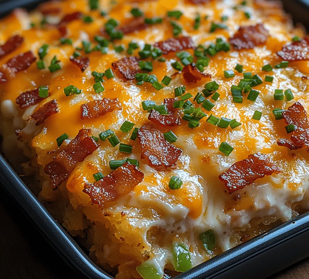 There's something irresistibly comforting about a hearty breakfast casserole, and our <strong>Crispy Bacon & Cheesy Hash Brown Delight</strong> is a perfect example of this beloved dish. Ideal for family gatherings, brunch parties, or even meal prepping for the week ahead, this casserole combines the satisfying crunch of crispy bacon with the gooey goodness of melted cheese and the heartiness of hash browns. It’s a dish that not only pleases the palate but also warms the soul, making it a staple in many households.” /></p>
</p>
<h3>Preheating the Oven and Preparing the Baking Dish</h3>
</p>
<p>Before you embark on the culinary journey of creating your Crispy Bacon & Cheesy Hash Brown Delight, it’s essential to preheat your oven. Set your oven to 375°F (190°C). This temperature is optimal for cooking the dish evenly, allowing all the ingredients to meld together perfectly while achieving that desirable golden-brown crust.</p>
</p>
<p>While the oven is heating, prepare your baking dish. A 9×13 inch baking pan works well for this recipe. Grease the dish with a light coating of cooking spray or a thin layer of butter to prevent sticking. For added flavor, consider using a bit of bacon grease if you have any leftover from cooking your bacon. This will enhance the savory notes of the dish and contribute to a rich flavor profile.</p>
</p>
<h3>Cooking the Bacon: Importance of Achieving the Right Level of Crispness</h3>
</p>
<p>Cooking the bacon to the perfect level of crispness is crucial for this recipe. Begin by slicing your bacon into small pieces, about 1 inch each. Place them in a large skillet over medium heat. Allow the bacon to cook, stirring occasionally, until it reaches a crispy texture, which usually takes about 6-8 minutes.</p>
</p>
<p>The right level of crispness not only adds a delightful crunch to your dish but also infuses the hash brown mixture with rich, smoky flavors. Remember to reserve some of the bacon grease in the skillet for sautéing your vegetables later; it will enhance their flavor and contribute to the overall richness of the dish.</p>
</p>
<h3>Sautéing Vegetables: Techniques for Enhancing Flavor Through Cooking</h3>
</p>
<p>Next, it’s time to sauté your vegetables. Diced onions and bell peppers are excellent choices for adding flavor and color to your dish. In the same skillet, using the bacon grease, add the diced onions first. Sauté them for about 2-3 minutes until they become translucent. This step is essential because it allows the onions to release their natural sugars and develop a sweeter taste.</p>
</p>
<p>After the onions have softened, add the diced bell peppers and continue to sauté for another 2-3 minutes. You want them to be tender but still retain some of their crunch. This technique enhances the flavor and texture of your vegetables, allowing them to complement the crispy bacon and cheesy hash browns perfectly.</p>
</p>
<h3>Mixing the Hash Brown Base: Tips for Ensuring an Even Distribution of Ingredients</h3>
</p>
<p>In a large mixing bowl, combine your cooked bacon and sautéed vegetables with the hash browns. If you’re using frozen hash browns, ensure they are thawed and drained of excess moisture. This will prevent your dish from becoming soggy.</p>
</p>
<p>Add in your beaten eggs and heavy cream to the mixture. The eggs will act as a binder, while the cream contributes to a creamy texture. Stir everything together until all ingredients are evenly distributed. It’s crucial to mix thoroughly to ensure that each bite contains a delicious balance of bacon, vegetables, and hash browns.</p>
</p>
<h3>Folding in Cheese: Best Practices to Maintain a Creamy Texture</h3>
</p>
<p>Once your hash brown base is well mixed, it’s time to fold in the cheese. For this recipe, shredded cheddar cheese is a popular choice, but feel free to experiment with other varieties like Monterey Jack or Gruyère for added flavor.</p>
</p>
<p>Sprinkle the cheese over the mixture instead of adding it all at once. Gently fold it into the hash brown mixture to ensure it’s evenly incorporated. This technique will help maintain a creamy texture without clumping, allowing the cheese to melt beautifully during the baking process and create that luscious, gooey consistency everyone loves.</p>
</p>
<h3>Transferring to the Baking Dish: Ensuring an Even Spread for Even Cooking</h3>
</p>
<p>Now that your mixture is ready, it’s time to transfer it to the prepared baking dish. Use a spatula to scoop the mixture into the dish, spreading it evenly across the bottom. This ensures that the dish cooks uniformly and allows each portion to maintain its integrity when served.</p>
</p>
<p>Once the mixture is evenly spread, press it down gently with the back of the spatula to create an even surface. This step is essential for ensuring even cooking and that all ingredients meld together during the baking process.</p>
</p>
<h3>Baking Process: Adjusting Time Based on Oven Variations and Checking for Doneness</h3>
</p>
<p>Place your baking dish in the preheated oven. Bake for approximately 30-35 minutes, but be aware that oven temperatures can vary. Begin checking for doneness around the 25-minute mark. You’re looking for a golden-brown top and edges, with the entire dish firm to the touch.</p>
</p>
<p>To ensure the center is cooked through, you can insert a knife or toothpick into the center—if it comes out clean, your dish is ready! Once done, remove it from the oven and let it cool for a few minutes before slicing. This brief resting period allows the ingredients to set, making serving easier.</p>
</p>
<h3>The Science Behind the Recipe</h3>
</p>
<h4>The Role of Eggs and Cream in Achieving the Perfect Texture</h4>
</p>
<p>The combination of eggs and cream in this recipe plays a critical role in achieving the desired texture. Eggs act as a binding agent, helping to hold the ingredients together, while cream adds richness and moisture. This combination ensures that each bite is creamy and satisfying, avoiding a dry or crumbly texture.</p>
</p>
<h4>Importance of Cooking Times and Temperatures in Creating a Golden-Brown Crust</h4>
</p>
<p>Cooking times and temperatures are vital in achieving a golden-brown crust. Baking at 375°F allows the edges to crisp up while the inside remains tender. If the temperature is too high, the edges may burn before the center cooks through; too low, and the dish may not develop that delightful crust characteristic of a well-baked hash brown casserole.</p>
</p>
<h4>The Impact of Using Frozen vs. Fresh Hash Browns and How It Affects the Dish</h4>
</p>
<p>Using frozen hash browns versus fresh ones can significantly affect the texture and moisture content of the final dish. Frozen hash browns have a higher moisture content, which requires thorough draining to prevent sogginess. Fresh hash browns, on the other hand, offer a firmer texture and a more pronounced potato flavor. Whichever you choose, just ensure proper preparation to maintain the integrity of your dish.</p>
</p>
<h3>Serving Suggestions</h3>
</p>
<p>To elevate your Crispy Bacon & Cheesy Hash Brown Delight, consider pairing it with fresh fruit, pastries, or a steaming cup of coffee. A side of mixed berries or sliced melons adds a refreshing contrast to the richness of the dish, while pastries such as croissants or muffins can complement the meal beautifully.</p>
</p>
<p>For garnishing, sprinkle some chopped fresh herbs like chives or parsley on top before serving. This not only enhances the visual appeal but also adds a fresh note to balance the savory flavors. A dollop of sour cream or a sprinkle of hot sauce can also provide an extra layer of flavor.</p>
</p>
<h3>Storage and Reheating Tips</h3>
</p>
<p>When it comes to storing leftovers, allow the dish to cool completely before transferring it to an airtight container. This will help maintain freshness and prevent moisture buildup. Stored correctly in the refrigerator, your Crispy Bacon & Cheesy Hash Brown Delight can last up to three days.</p>
</p>
<p>For reheating, preheat your oven to 350°F (175°C) and place the dish in for about 15-20 minutes or until heated through. This method helps preserve the crispy texture. Alternatively, you can microwave individual portions for about 1-2 minutes, but be aware that this may result in a softer texture.</p>
</p>
<h3>Conclusion</h3>
</p>
<p>The Crispy Bacon & Cheesy Hash Brown Delight is more than just a breakfast dish; it’s a celebration of flavors and textures that come together beautifully. With its crispy bacon, creamy cheese, and seasoned vegetables, this dish is sure to be a hit at your next family breakfast or brunch gathering.</p>
</p>
<p>Its versatility allows for customization—swap in different vegetables, experiment with various cheeses, or even add spices to suit your taste. Whether enjoyed on a lazy Sunday morning or served at a festive brunch, this recipe embodies the joy of sharing homemade meals with loved ones. So, roll up your sleeves and treat yourself to this delightful dish that’s sure to become a favorite in your culinary repertoire.</p>
</div>