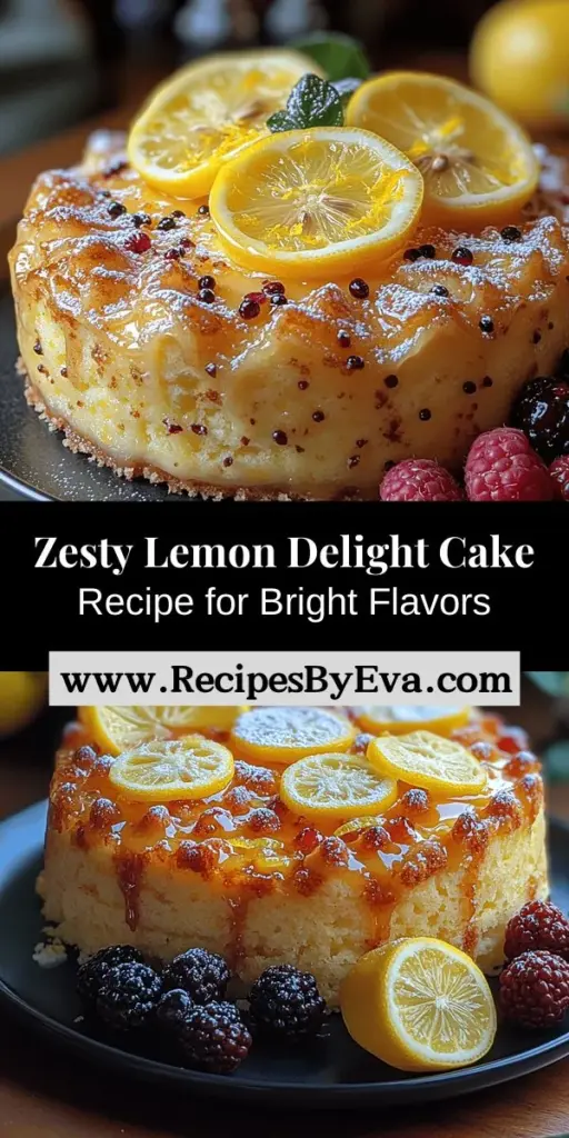 Discover the refreshing taste of our Zesty Lemon Delight Cake, the perfect dessert for any occasion! This delightful cake balances tangy lemon flavor with just the right amount of sweetness, featuring a tender crumb that melts in your mouth. With simple ingredients like fresh lemon juice and zest, you'll create a moist, flavorful treat. Perfect for birthdays, brunches, or anytime you crave a sweet indulgence, this cake is sure to brighten your day and impress your guests. Follow this easy recipe and bring a sunny vibe to your baking!