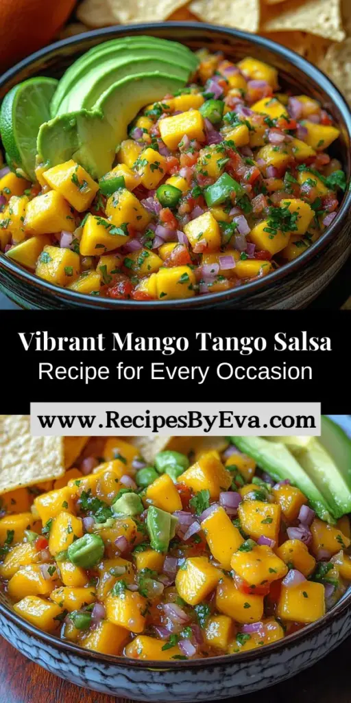 Discover the vibrant flavors of Mango Tango Salsa—a refreshing blend perfect for any gathering! This delightful salsa combines ripe mangoes, spicy jalapeño, crunchy bell pepper, and zesty lime juice, creating a colorful and delicious dish that's as nutritious as it is tasty. Ideal as a dip for chips, a topping for grilled meats, or an accompaniment to tacos, this salsa is your go-to recipe for sunny days and festive occasions. Elevate your next meal with this tropical treat!