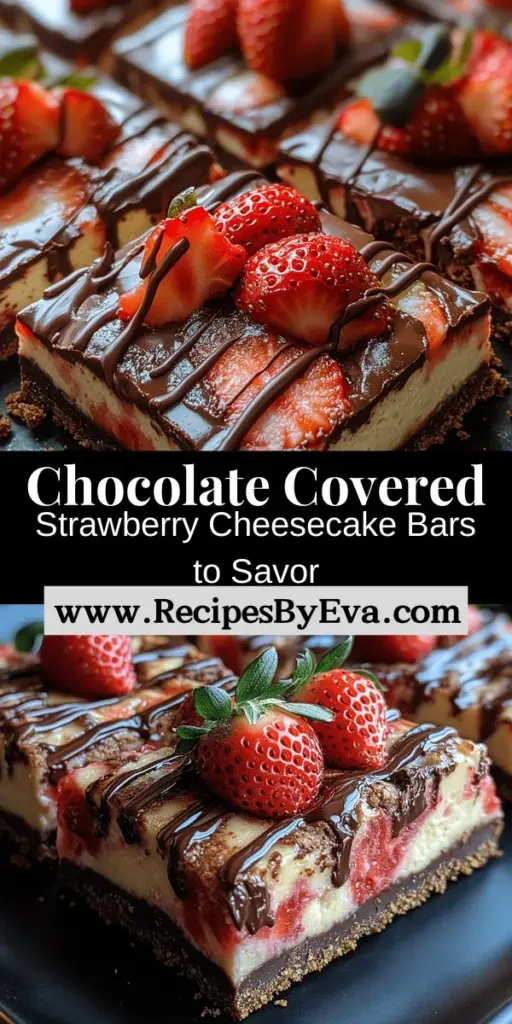 Indulge in the rich flavors of Decadent Chocolate Covered Strawberry Cheesecake Bars, a delightful dessert that combines creamy cheesecake with fresh strawberries and a luscious chocolate topping. Perfect for any occasion, these easy-to-serve bars feature a crunchy graham cracker crust, a smooth cheesecake layer, and a vibrant strawberry infusion. Ideal for impressing guests or enjoying with family, this treat is sure to satisfy chocolate and cheesecake lovers alike. Make them in advance to save time and enjoy a sweet experience everyone will adore.