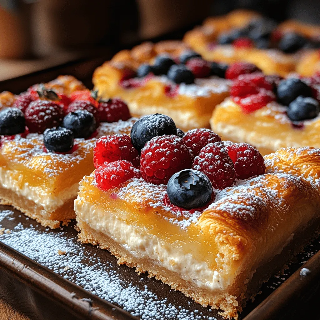 Welcome to the delightful world of desserts, where sweet indulgences meet the joy of baking! Today, we are diving into the creation of <strong>Creamy Crescent Cheesecake Bars</strong>—a dessert that is not only delicious but also incredibly easy to make. These bars beautifully combine the flaky texture of crescent roll dough with a rich, creamy cheesecake filling, making them an instant crowd-pleaser. Whether you are hosting a family dinner, attending a potluck, or simply craving a sweet treat at home, these cheesecake bars are the perfect choice.” /></p>
</p>
<h3>Unrolling and Placing the Crescent Roll Dough</h3>
</p>
<p>To create a solid foundation for your Creamy Crescent Cheesecake Bars, the first step is to unroll the crescent roll dough. Begin by removing one can of crescent roll dough from the packaging. Carefully unroll it on a clean, lightly floured surface. This ensures that the dough does not stick and makes it easier to manage.</p>
</p>
<p>Next, gently press the dough into the bottom of a greased 9×13-inch baking dish. Make sure to cover the entire bottom evenly, sealing any seams that may appear as you lay the dough down. This step is crucial because it creates a consistent base that will hold the cheesecake filling without any gaps. If you find that the dough is sticking, a light dusting of flour on your fingers can help. Use your fingers to press the dough into the corners and sides of the dish, creating a slight ridge if desired. This will also aid in holding the filling while baking.</p>
</p>
<h3>Crafting the Cheesecake Filling</h3>
</p>
<p>Now it’s time to create the luscious cheesecake filling that will make your bars truly irresistible. In a large mixing bowl, combine the cream cheese and granulated sugar. Using an electric mixer on medium speed, beat these two ingredients together for about 2-3 minutes until the mixture is smooth and creamy. It’s important to start with softened cream cheese to avoid any lumps; if your cream cheese is too cold, you may end up with a chunky filling.</p>
</p>
<p>Once the cream cheese and sugar are well-blended, add in the eggs, vanilla extract, and sour cream. Continue mixing on medium speed for another 2-3 minutes. Take care not to overmix, as this can incorporate too much air into the filling, resulting in a less dense texture. The goal is to have a velvety mixture that is well combined but still thick and rich. If you notice any lumps, you can use a spatula to gently fold the mixture, ensuring a smooth consistency.</p>
</p>
<h3>Layering the Cheesecake Bars</h3>
</p>
<p>With the cheesecake filling prepared, it’s time to layer it onto the crescent roll base. Carefully pour the smooth cheesecake filling over the crescent dough, ensuring it covers the entire surface evenly. Using a spatula, gently spread the filling to the edges of the pan, being cautious not to disturb the dough underneath. This even distribution is essential for achieving uniform slices once the bars are baked and cooled.</p>
</p>
<p>Take a moment to check the filling’s level; it should be about an inch high. If you have any leftover filling, consider adjusting the amount of dough used for the base or simply enjoy it as a mini cheesecake in a ramekin! The rich filling paired with the buttery crescent layer will create a delightful treat that everyone will love.</p>
</p>
<h3>Covering with Crescent Roll Dough</h3>
</p>
<p>After evenly spreading the cheesecake filling, it’s time to add the second layer of crescent roll dough. Open the second can of crescent dough and, instead of unrolling it fully, you can lay it over the filling in sections. This method allows for a rustic, homey look if you choose to leave it slightly uneven. Alternatively, for a more polished appearance, you can roll out the dough into one sheet and carefully place it over the filling.</p>
</p>
<p>If you’d like to get creative, consider cutting the dough into strips and weaving them over the filling to create a lattice effect. This not only enhances the visual appeal but also allows for a bit of the cheesecake to peek through, giving a hint of what’s beneath. Whichever method you choose, seal the edges of the top dough to the bottom layer by pressing down gently with your fingers.</p>
</p>
<h3>Baking to Perfection</h3>
</p>
<p>Now that your bars are assembled, it’s time to bake them to golden perfection. Preheat your oven to 350°F (175°C). Place the baking dish in the preheated oven and let the bars bake for 25-30 minutes. Keep an eye on them; the top should become a beautiful golden brown, and the filling should be set but slightly jiggly in the center.</p>
</p>
<p>To determine if they are done, gently shake the pan; if the center appears to be firm and only slightly wobbles, they are ready. Avoid overbaking, as this can lead to a dry texture. Once baked, remove the dish from the oven and set it on a wire rack to cool.</p>
</p>
<h3>Cooling and Setting the Bars</h3>
</p>
<p>Allow the cheesecake bars to cool in the pan for about 30 minutes at room temperature. This cooling period is crucial as it allows the flavors to meld together and the texture to firm up. Once cooled, transfer the pan to the refrigerator and chill for at least 2 hours, or until fully set. Chilling helps create that perfect cheesecake texture that is creamy yet firm enough to slice cleanly.</p>
</p>
<h3>Serving Suggestions for the Cheesecake Bars</h3>
</p>
<p>When it’s finally time to serve your Creamy Crescent Cheesecake Bars, consider the following serving suggestions to elevate the overall experience. First, slice the bars into squares or rectangles for easy serving. Place each square on a dessert plate, and if desired, add a dollop of whipped cream on top for an extra touch of indulgence.</p>
</p>
<p>You can also enhance the flavor profile by garnishing with fresh fruits like strawberries, raspberries, or blueberries. These berries add a refreshing tartness that balances beautifully with the creamy sweetness of the cheesecake. A drizzle of chocolate sauce or caramel can also add a delightful contrast, making each bite an extraordinary experience.</p>
</p>
<h3>Presentation Ideas</h3>
</p>
<p>Presentation is key when it comes to dessert, and these cheesecake bars are no exception. For an impressive display, consider dusting the top of the bars with powdered sugar before serving. This simple step adds a touch of elegance and makes the bars look even more tempting.</p>
</p>
<p>For an added burst of color and freshness, arrange some fresh berries around the bars on the serving platter. You can even create a small fruit compote by simmering berries with a bit of sugar and lemon juice; this can be served alongside the bars for an extra flavor boost.</p>
</p>
<h3>Flavor Variations</h3>
</p>
<p>The beauty of these Creamy Crescent Cheesecake Bars is their versatility. While the classic version is delightful, feel free to experiment with different toppings or flavorings to make this dessert your own. For instance, consider adding a layer of chocolate ganache on top of the cheesecake filling before covering it with the second layer of crescent dough. This will create a rich chocolate flavor that complements the creamy cheesecake beautifully.</p>
</p>
<p>You can also incorporate flavor extracts, such as almond or lemon, into the filling for a unique twist. For those who enjoy fruit flavors, folding in some fresh crushed fruit like strawberries or blueberries into the cheesecake mixture can create a vibrant, fruity filling. The options are endless, allowing you to customize the bars to suit your taste preferences or the occasion.</p>
</p>
<h3>Storing Leftover Cheesecake Bars</h3>
</p>
<p>If you happen to have any leftover cheesecake bars, proper storage is essential to maintain their freshness and flavor. First, allow the bars to cool completely in the pan before cutting them into squares. Once they are cut, transfer them to an airtight container, separating layers with parchment paper to prevent sticking. These bars can be stored in the refrigerator for up to 5 days.</p>
</p>
<p>If you want to enjoy them later, consider freezing them. Wrap each bar tightly in plastic wrap and then place them in a freezer-safe container. They can be frozen for up to 2 months. When you’re ready to enjoy, simply thaw them in the refrigerator overnight before serving.</p>
</p>
<h3>Conclusion: The Perfect Dessert Experience</h3>
</p>
<p>Creating and enjoying Creamy Crescent Cheesecake Bars is an experience that brings joy and satisfaction to both the cook and the guests. Their ease of preparation makes them an ideal choice for gatherings, while their delightful flavors and textures bring a touch of homemade comfort to any occasion.</p>
</p>
<p>Whether you stick to the classic recipe or experiment with different flavors and presentation ideas, these bars are sure to impress. They not only satisfy sweet cravings but also serve as a canvas for your creativity in the kitchen. So gather your ingredients, unleash your inner chef, and relish in the delightful flavors that come together in each bite of these creamy, dreamy cheesecake bars.</p>
</div>