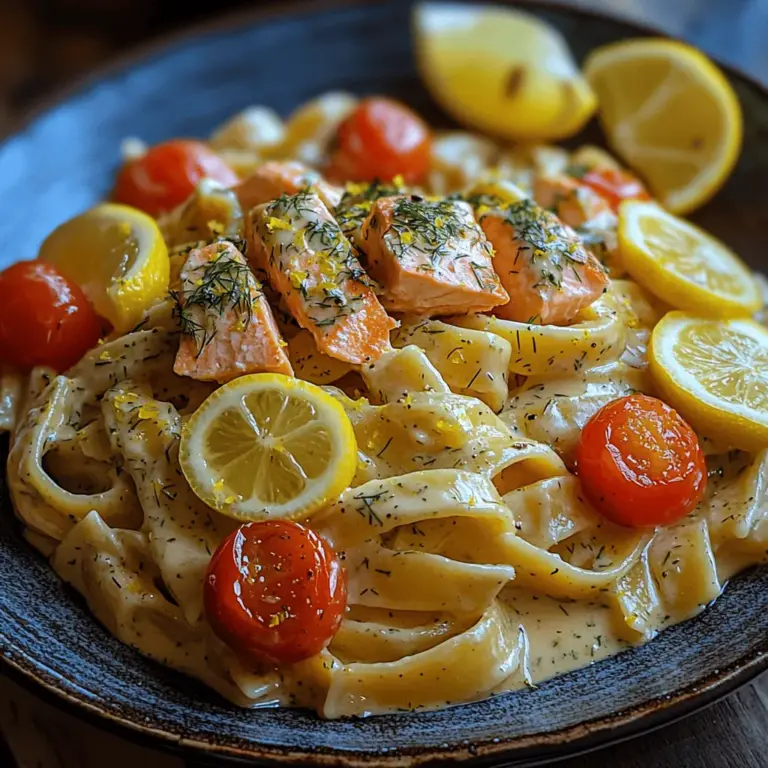 Imagine a dish that encapsulates the essence of freshness and comfort in every bite. Introducing Zesty Salmon Delight: Creamy Lemon Dill Pasta, an exquisite recipe that delivers a harmonious balance of flavors. This dish is a celebration of seasonal ingredients and culinary creativity, presenting a delightful combination of tender salmon, aromatic herbs, and a rich, creamy sauce enveloping perfectly cooked pasta. Whether you're seeking a quick weeknight meal, a dish to impress your guests at a special gathering, or simply a comforting meal after a long day, this recipe fits the bill.