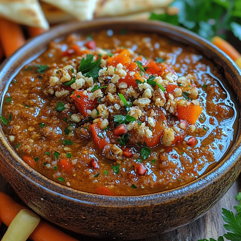 If you are on the lookout for a delicious and versatile dip that can elevate your appetizers, look no further than the Spicy Red Pepper & Walnut Delight. This vibrant dish, known as Muhammara in its traditional form, originates from the rich culinary landscape of the Mediterranean region, specifically the Levant area, where flavors of spices, nuts, and fresh produce come together in perfect harmony. The blend of roasted red bell peppers and walnuts creates a unique flavor profile that is both savory and slightly sweet, making it an ideal companion for a wide array of serving options, from pita chips to fresh vegetables or even as a spread on sandwiches.