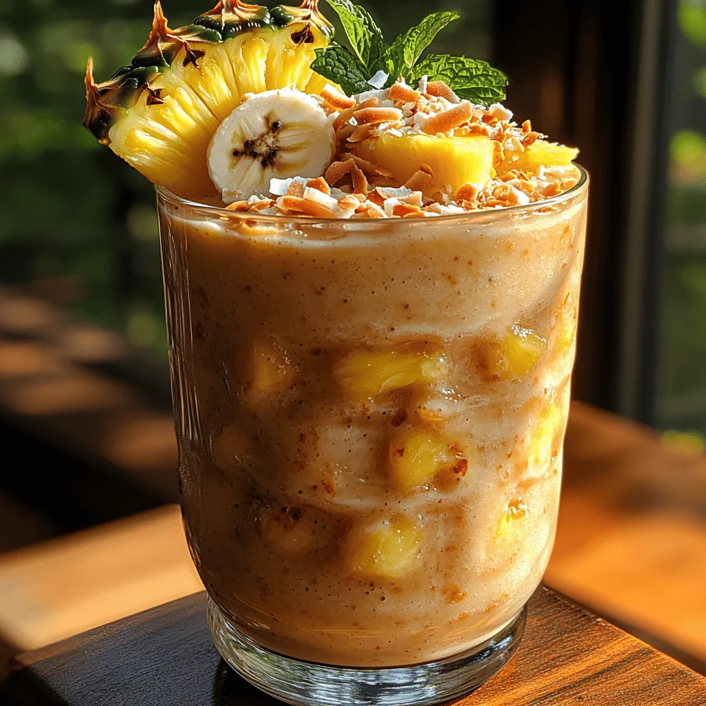 Imagine sipping on a refreshing drink that transports you straight to a sun-soaked beach, where the gentle sound of waves lapping at the shore accompanies the sweet aroma of tropical fruits. The <strong>Tropical Breeze Frozen Pineapple Coconut Smoothie</strong> is just that—a delightful blend of flavors that encapsulates the essence of paradise in a glass. This smoothie not only satisfies your cravings for something sweet and refreshing but also offers a myriad of health benefits, making it the perfect addition to your morning routine or an afternoon pick-me-up.” /></p>
</p>
<h2>Garnishes</h2>
</p>
<p>Garnishing your Tropical Breeze Frozen Pineapple Coconut Smoothie not only enhances its visual appeal but also elevates the flavor profile. The role of garnishes is twofold: they create a feast for the eyes and offer complementary tastes that make each sip more enjoyable. Here are some key garnishes to consider:</p>
</p>
<p>1. <strong>Toasted Coconut Flakes</strong>: These add a crunchy texture and a deeper coconut flavor. Toasting the flakes brings out their natural sweetness and enhances their nutty aroma. Simply place unsweetened coconut flakes in a dry skillet over medium heat and stir for a few minutes until they turn golden brown. Let them cool before sprinkling them on your smoothie.</p>
</p>
<p>2. <strong>Fresh Pineapple Slices</strong>: Adding a slice of fresh pineapple to the rim of your glass not only serves as a beautiful decoration but also reinforces the tropical essence of the drink. Choose ripe, juicy pineapple for the best taste.</p>
</p>
<p>3. <strong>Mint Leaves</strong>: Fresh mint leaves provide a refreshing contrast to the rich flavors of the coconut and pineapple. They add a pop of color and a burst of freshness that can uplift the overall experience of the smoothie. Simply place a few sprigs on top of your smoothie before serving.</p>
</p>
<h2>Step-by-Step Guide to Making the Smoothie</h2>
</p>
<h3>Blending the Base</h3>
</p>
<p>To create the perfect Tropical Breeze Frozen Pineapple Coconut Smoothie, start with the right order of ingredients in your blender. This is crucial for achieving a smooth texture without any lumps. Here’s a detailed guide on how to blend your smoothie effectively:</p>
</p>
<p>1. <strong>Gather Your Ingredients</strong>: Ensure you have all the necessary ingredients ready: frozen pineapple chunks, coconut milk, yogurt, honey or agave syrup, and ice cubes.</p>
</p>
<p>2. <strong>Layering Ingredients</strong>: Start by pouring the coconut milk into the blender first. This helps to create a liquid base that allows the frozen fruit to blend more easily. Next, add the yogurt, which adds creaminess. Then, layer the frozen pineapple chunks, followed by a drizzle of honey or agave syrup for sweetness. Finally, add a handful of ice cubes.</p>
</p>
<p>3. <strong>Blending</strong>: Secure the lid on the blender and start blending on a low speed. Gradually increase to high speed until everything is well combined and smooth. If your blender has a pulse function, use it intermittently to help break up the larger chunks.</p>
</p>
<h3>Achieving the Perfect Consistency</h3>
</p>
<p>The consistency of your smoothie can be adjusted easily by tweaking the ratio of coconut milk and ice cubes:</p>
</p>
<p>– <strong>For a Thicker Smoothie</strong>: If you prefer a thicker texture, add less coconut milk and more frozen pineapple. You can also increase the amount of ice cubes.</p>
</p>
<p>– <strong>For a Thinner Smoothie</strong>: Conversely, if you want a thinner consistency, add more coconut milk. Start with a quarter cup and gradually increase until you reach your desired thickness.</p>
</p>
<p>– <strong>Taste and Adjust</strong>: Before serving, taste your smoothie. If you find it’s not sweet enough, add a little more honey or agave syrup and blend again. Remember, the flavors will slightly intensify once chilled, so adjust accordingly.</p>
</p>
<h2>Serving Suggestions</h2>
</p>
<p>Presentation plays a significant role in enhancing the enjoyment of your Tropical Breeze Smoothie. Here are some best practices for pouring and presenting your smoothie:</p>
</p>
<p>1. <strong>Glassware</strong>: Choose a tall, clear glass to showcase the beautiful colors of your smoothie. A mason jar or a decorative cocktail glass can also add a fun touch.</p>
</p>
<p>2. <strong>Pouring Technique</strong>: Pour the smoothie gently into the glass to avoid splashing. Fill the glass to the brim for a generous serving.</p>
</p>
<p>3. <strong>Creative Serving Ideas</strong>: For a unique twist, transform your smoothie into a smoothie bowl. Use a thicker blend and pour it into a bowl. Top with your favorite fruits, nuts, seeds, and granola for added texture and nutrition.</p>
</p>
<h2>Health Benefits of the Tropical Breeze Smoothie</h2>
</p>
<p>This smoothie is not only delicious but also packed with health benefits:</p>
</p>
<p>– <strong>Nutritional Profile</strong>: Each serving of the Tropical Breeze Frozen Pineapple Coconut Smoothie is rich in vitamins and minerals. Pineapple is an excellent source of vitamin C, manganese, and dietary fiber, while coconut milk provides healthy fats that support heart health.</p>
</p>
<p>– <strong>Antioxidants</strong>: Pineapples are rich in antioxidants, which help combat oxidative stress and inflammation in the body. This can be particularly beneficial for those looking to improve their overall health.</p>
</p>
<p>– <strong>Meal Replacement or Post-Workout Snack</strong>: The combination of carbohydrates from the pineapple and healthy fats from the coconut makes this smoothie a great option for a quick meal replacement or a post-workout recovery drink. It replenishes energy levels and provides essential nutrients.</p>
</p>
<h2>Variations and Customizations</h2>
</p>
<p>One of the best aspects of the Tropical Breeze Frozen Pineapple Coconut Smoothie is its versatility. Here are some suggestions for customizing your smoothie:</p>
</p>
<p>– <strong>Ingredient Substitutions</strong>: If you don’t have coconut milk on hand, you can use almond milk or oat milk as alternatives. Each will impart a slightly different flavor and texture but will still work well in the recipe.</p>
</p>
<p>– <strong>Adding Superfoods</strong>: Boost the nutritional profile of your smoothie by adding superfoods. Spinach or kale can be blended in without altering the taste significantly. Chia seeds or flaxseeds can add fiber and omega-3 fatty acids.</p>
</p>
<p>– <strong>Seasonal Fruit Variations</strong>: To keep the recipe fresh and exciting, consider incorporating seasonal fruits. In summer, try adding peaches or mangoes; in fall, consider a banana or pumpkin puree for a unique twist.</p>
</p>
<h2>Conclusion</h2>
</p>
<p>The Tropical Breeze Frozen Pineapple Coconut Smoothie is a delightful blend of flavors that transports you to a tropical paradise with every sip. Its refreshing taste, coupled with its health benefits, makes it an ideal choice for breakfast, a snack, or even a meal replacement. With its versatility, you can easily experiment with different ingredients and variations to cater to your personal preferences.</p>
</p>
<p>Whether you are enjoying it on a hot summer day or using it to fuel your post-workout recovery, this smoothie is sure to please. So grab your blender, gather your ingredients, and get ready to indulge in the creamy, refreshing goodness of the Tropical Breeze Frozen Pineapple Coconut Smoothie. Experiment with different flavors and enjoy the journey of creating your perfect blend!</p>
</div>