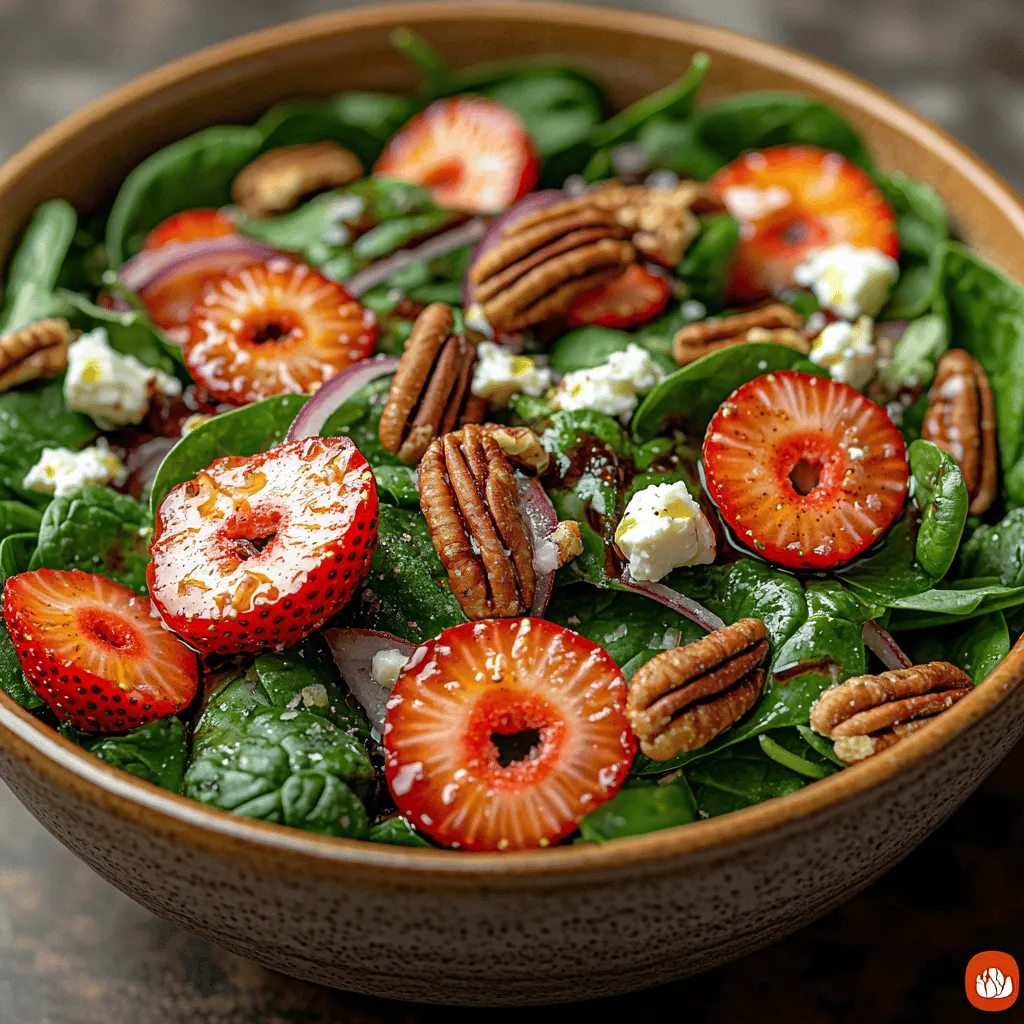The Strawberry Spinach Bliss Salad is a vibrant and nutritious dish that perfectly encapsulates the essence of fresh, wholesome ingredients. This salad is not just a feast for the eyes with its bright colors and textures; it is also a powerhouse of flavor and health benefits. Whether you're looking for a light lunch, a side dish for dinner, or a delightful addition to a picnic spread, this salad checks all the boxes. The combination of sweet strawberries, crisp baby spinach, creamy feta cheese, crunchy pecans, and zesty red onion creates a symphony of tastes that will tantalize your taste buds and leave you feeling satisfied.