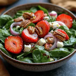The Strawberry Spinach Bliss Salad is a vibrant and nutritious dish that perfectly encapsulates the essence of fresh, wholesome ingredients. This salad is not just a feast for the eyes with its bright colors and textures; it is also a powerhouse of flavor and health benefits. Whether you're looking for a light lunch, a side dish for dinner, or a delightful addition to a picnic spread, this salad checks all the boxes. The combination of sweet strawberries, crisp baby spinach, creamy feta cheese, crunchy pecans, and zesty red onion creates a symphony of tastes that will tantalize your taste buds and leave you feeling satisfied.