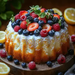 The Lemon Berry Bliss Angel Food Cake is a delightful and airy dessert that combines the zesty brightness of lemon with the sweetness of mixed berries. This light and fluffy cake is perfect for any occasion, from summer gatherings to holiday celebrations. Its visually appealing layers, adorned with fresh berries and a drizzle of citrus glaze, make it a showstopper on any dessert table. Not only does it offer a refreshing taste that can be enjoyed year-round, but it also embodies a nostalgic connection to simpler times, when desserts were meant to be light and satisfying rather than heavy and overly sweet.